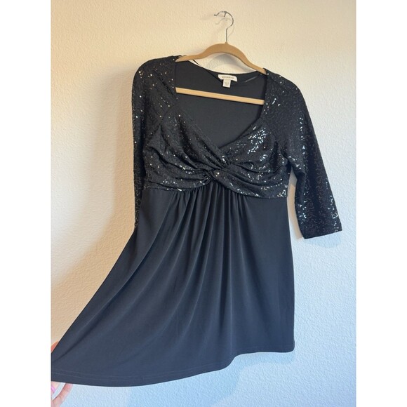 Boston Proper Women's Black Sequin Evening Blouse V Neck 3/4 Sleeve Flowy Medium - Picture 4 of 10